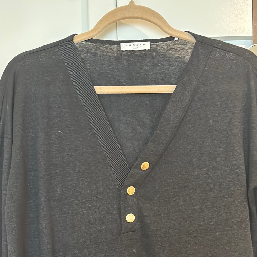 Sandro black V-Neck top with Gold Accents